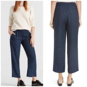 Eileen Fisher Tussah Silk Navy Windowpane Trousers